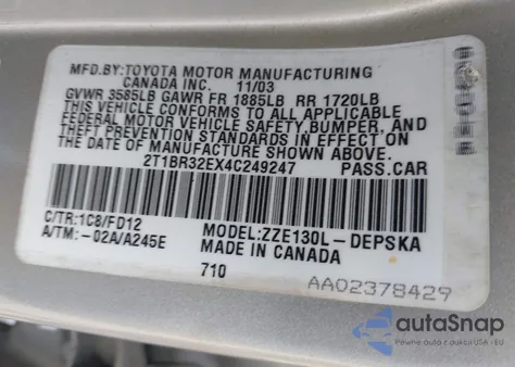 2004 Toyota Corolla S из США, поврежденный, VIN 2T1BR32EX4C249247